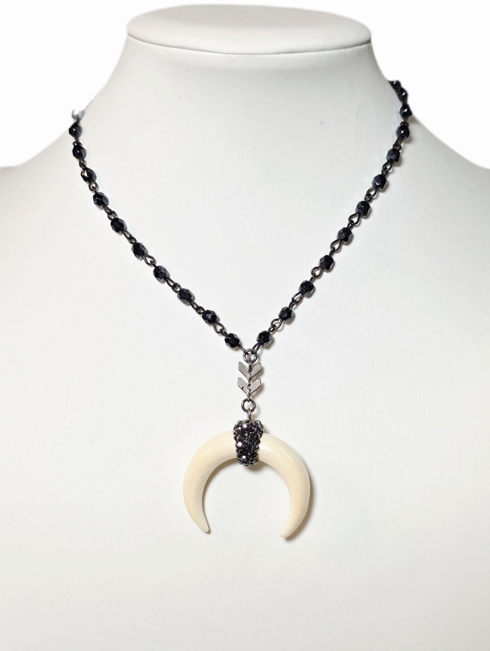 Black Beaded Necklace with Ivory Double Crescent Horn Pendant on Gunmetal Chain